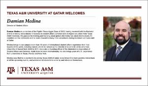 TAMUQ Welcomes Damian Medina   (click for a larger preview)
